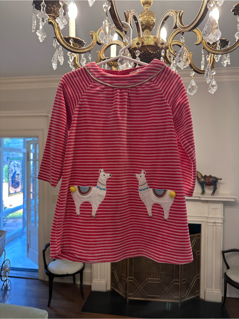 Baby Boden Pink & White Striped Llama Pocket Dress